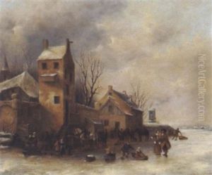 Ein Dorf Im Winter, Eisvergnugen, Mit Vielen Figuren Und Pferden by Thomas Heeremans