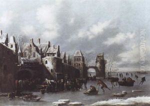 Vue D'une Ville Avec Villageois S'appretant A Partir En Traineau Sur La Glace