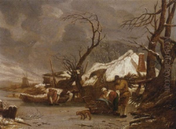 A Winter Landscape With Peasants Gathering Wood By A Frozen River Before A Cottage - view 1