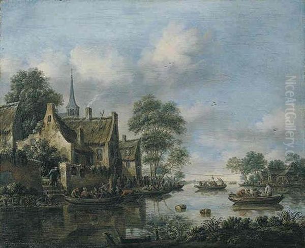A River Landscape With Many Figures In Small Boats And On The Bank Near An Inn, A Game Of Pulling The Goose, Beyond - view 1