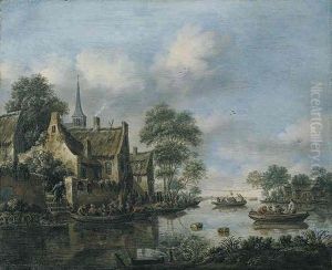 A River Landscape With Many Figures In Small Boats And On The Bank Near An Inn, A Game Of Pulling The Goose, Beyond