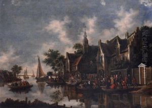 A Riverside Village With Peasants In Rowing Boats
