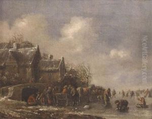 Winter Landscape With Skaters And A Horsedrawn Sleigh On The Ice by Thomas Heeremans