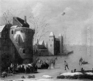 Patineurs Sur Une Riviere Gelee