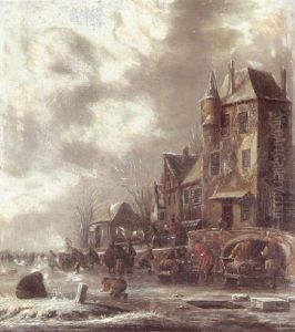 A Winter Scene With Figure Skating On A Frozen River Before Horses by Thomas Heeremans