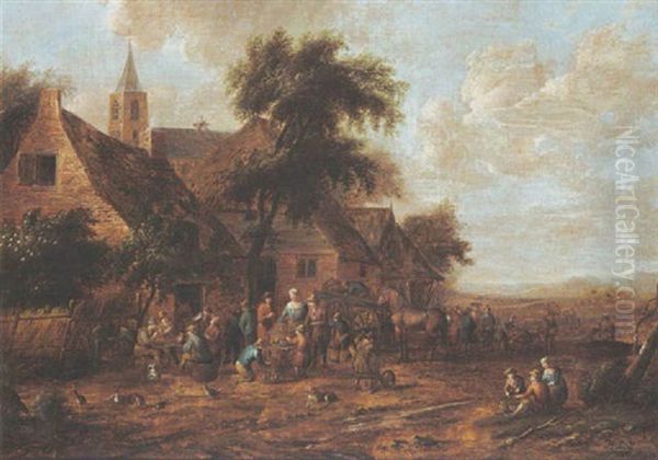A Village Scene With Figures Smoking And Drinking Outside An Inn And A Bird Market - view 1