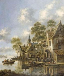 An Estuary With Figures In Ferryboats Before A Tavern