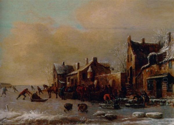 A Winter River Landscape With Skaters By A Village - view 1
