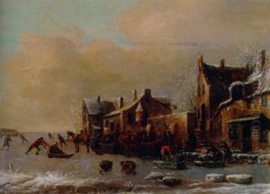 A Winter River Landscape With Skaters By A Village by Thomas Heeremans