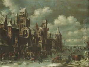 A Winter Landscape With Figures Skating On A Frozen River, Others Conversing And Feeding Their Horses Outside A Walled Town by Thomas Heeremans