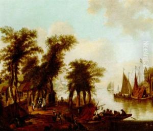 A River Landscape With Boats And Figures Near A Quarry