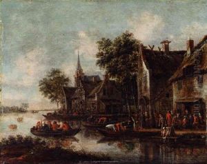 A River Landscape With Ferry Boats On The Outskirts Of A Village by Thomas Heeremans