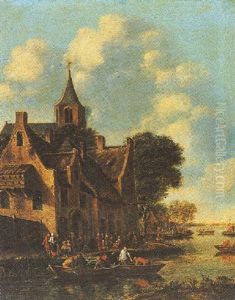 A Village Scene With People In Boats On A River And Other Figures Standing Near Houses by Thomas Heeremans