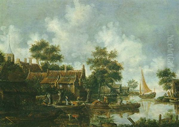 Paysage Fluvial Avec Des Embarcations De Pecheurs - view 1