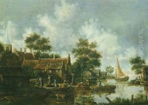 Paysage Fluvial Avec Des Embarcations De Pecheurs