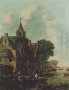 Figures In Ferries By A Hamlet On An Estuary