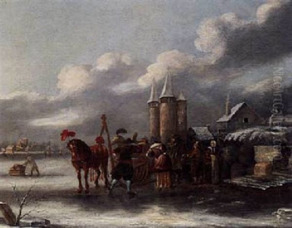A Winter Landscape With A Horse-drawn Sleigh And Figures On The Ice - view 1