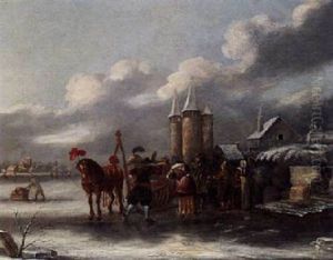 A Winter Landscape With A Horse-drawn Sleigh And Figures On The Ice by Thomas Heeremans