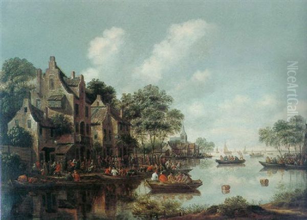 A Village On An Estuary With Numerous Figures And Boats Outside An Inn - view 1