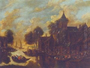 A River Landscape With Peasants And Boats By A Village Landing Stage
