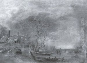 Paysage De Lac Gele Avec Des Promeneurs Dans La Campagne Hollandaise Paysage De Lac Gele Avec Des Promeneurs Dans La Campagne Hollandaise