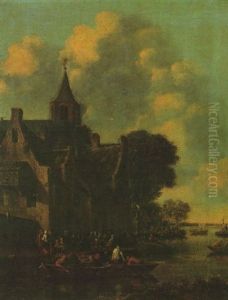 A River Scene With Numerous Figures On The Shore By A Church And Figures In Dinghies In The Foreground