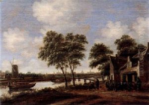 A River Landscape With A Windmill And Figures Gathered Outside An Inn, With A Distant View Of The City Of Leiden Beyond by Thomas Heeremans