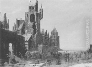 A Winter Landscape With Figures Skating On A Frozen River Outside The Walls Of A Town by Thomas Heeremans