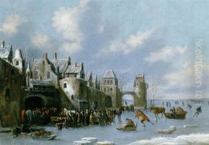 Nombreaux Villageois S'adonnant Aux Joies De L'hiver Sur Un Fleuve Gele Devant Les Murs D'une Ville Fortifie Nombreaux Villageois S'adonnant Aux Joies De L'hiver Sur Un Fleuve Gele Devant Les Murs D'une Ville Fortifie