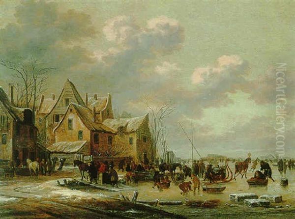 A Winter Townscape With Skaters On A Frozen Lake - view 1