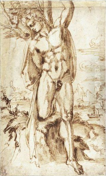 A Male Nude Tied To A Tree, Possibly St. Sebastian, A Riverlandscape Beyond - view 1