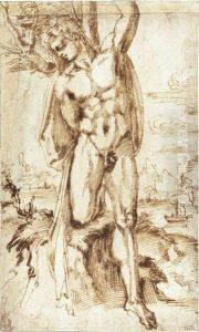 A Male Nude Tied To A Tree, Possibly St. Sebastian, A Riverlandscape Beyond by Baccio Bandinelli