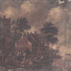 Numerous Figures On A River Bank With Buildings Behind by Thomas Heeremans