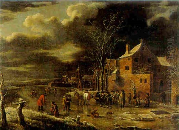 A Winter Landscape With Figures Skating On A Canal Outside A Village - view 1