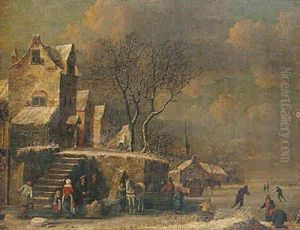 A Winter Landscape With Sledges And Figures Skating On A Frozen River