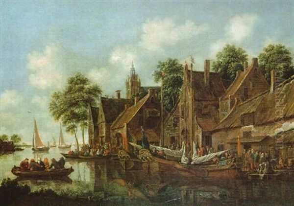 Dorf An Einem Flus Mit Vielen Booten Und Figuren - view 1