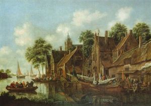 Dorf An Einem Flus Mit Vielen Booten Und Figuren by Thomas Heeremans