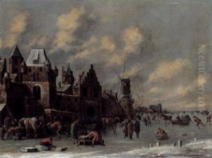 A Winter Landscape With Figures Skating And Horses Feeding On A Frozen River By A Town by Thomas Heeremans