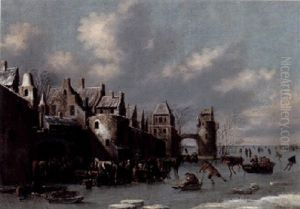 A Winter Landscape With Skaters And Other Figures Feeding Their Horses Outside A Walled Town