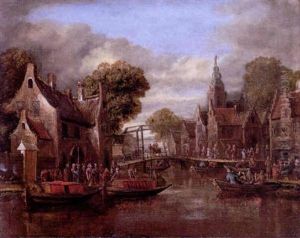 A Dutch Canal Scene With Numerous Figures On The Banks Of A Village And In Ferries
