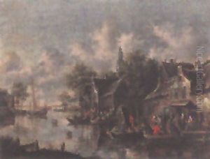 Hollandische Seelandschaft Mit Dorf Und Booten by Thomas Heeremans