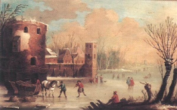 A Frozen River Landscape With Skaters And Horse-drawn Sleigh, By A Fortified Town by Thomas Heeremans