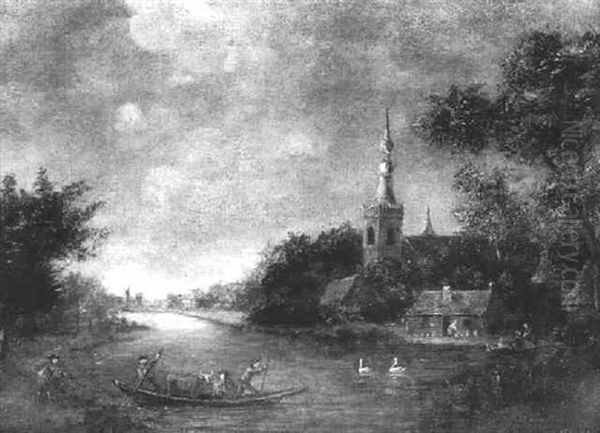 Fluslandschaft Mit Fahre Und Ortsansicht - view 1