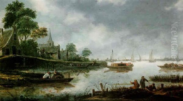 A River Estuary With Fishermen And Other Figures In Boats, The Town Of Haarlem Beyond - view 1
