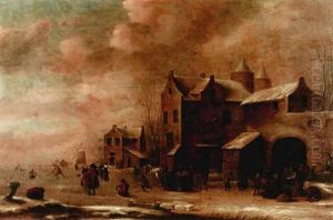 A Winter Landscape With A Fortified Building And Figures On The Ice by Thomas Heeremans
