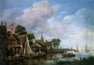 A Village By A River With Townsfolk Arriving In A Ferry