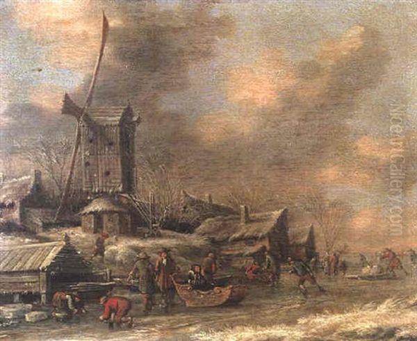 A Winter Landscape With Figures Skating On A Frozen River Before A Windmill - view 1