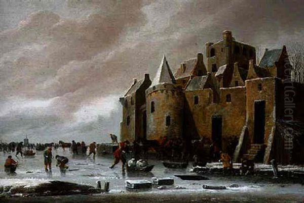 A Winter Landscape With Villagers On A Frozen River Beside A Castle - view 1