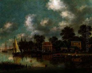 A River Landscape With Villagers Congregating At A Meeting House With Vessels Sailing Upstream by Thomas Heeremans