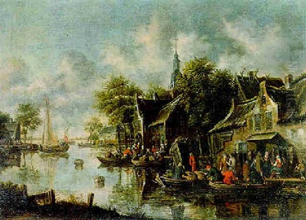 Flusslandschaft Mit Personen Und Ruderbooten - view 1